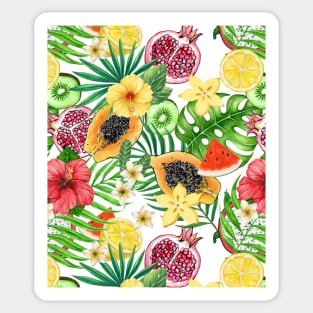 Tropical mix-fruit, flowers and leaves on white Sticker